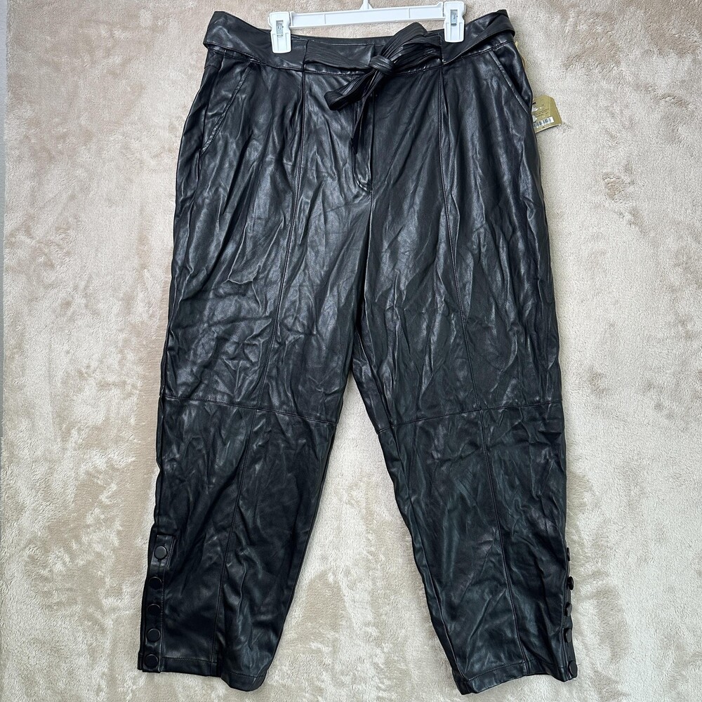 Ryegrass Pants 16 Black Womens Faux Leather Tie Waist Button Leg High Rise